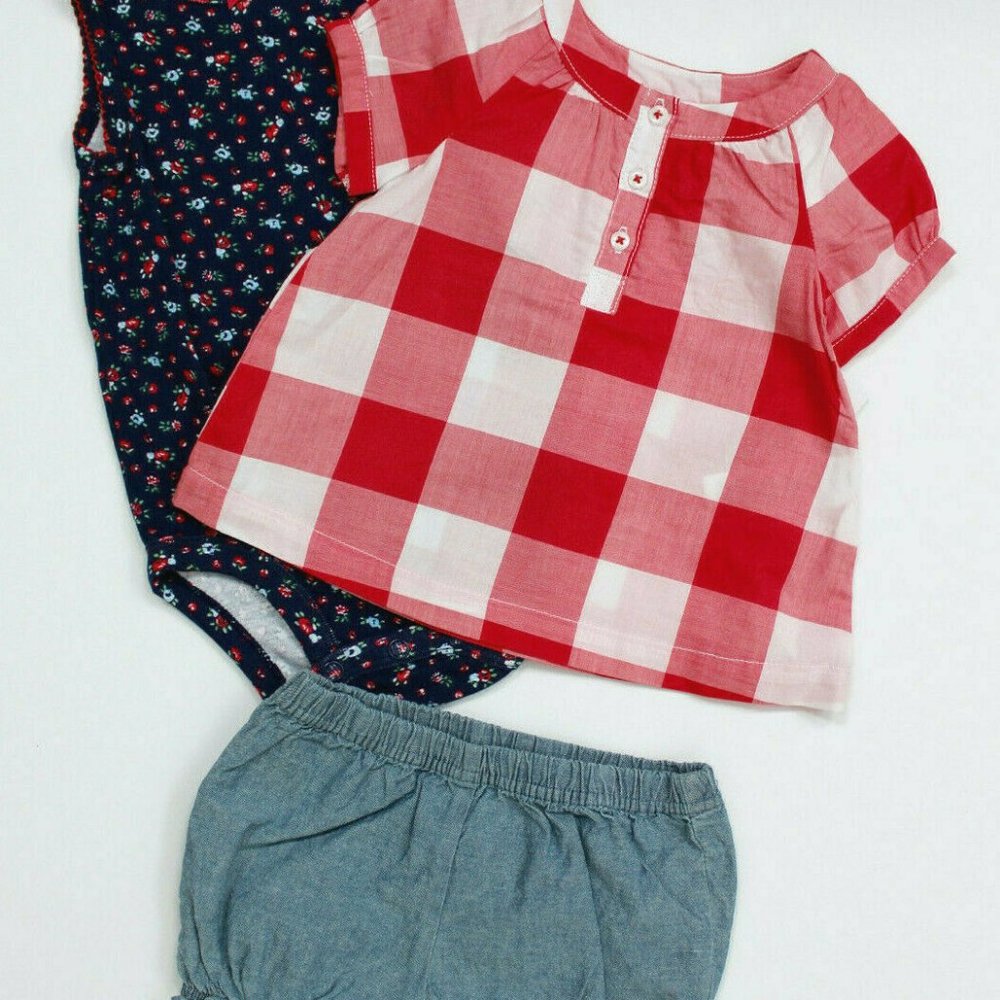Carter's 3-Piece Bodysuit, Gingham Plaids Top & Chambray Shorts 6M